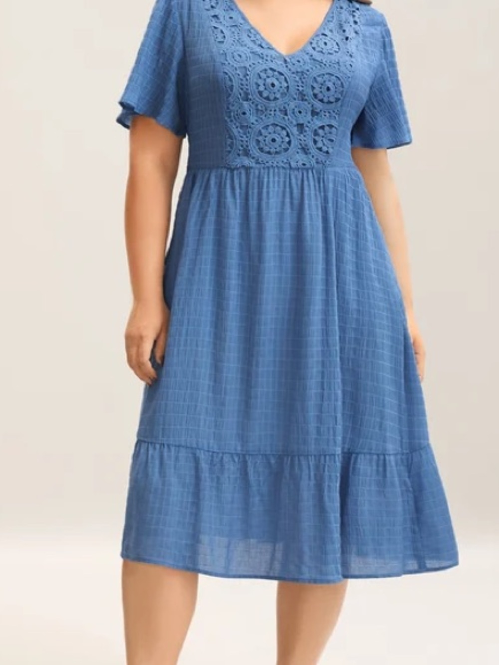 BloomChic Blue V-Neck Crochet Yoke Midi Dress